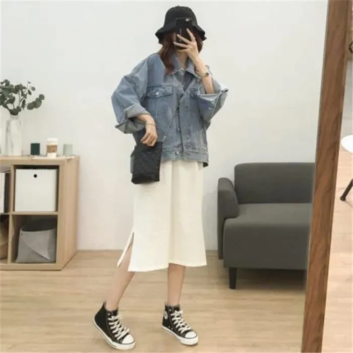New Korean Short-sleeve Solid Color Side Cut Cotton Maxi Dresses Female Student Loose Basic Round Neck Style Long Dress