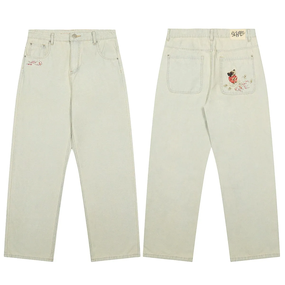 High Street Flower koi Fish Embroidery Baggy Jeans Pants for Men and Women Pantalones Hombre Straight Denim Trousers Oversized