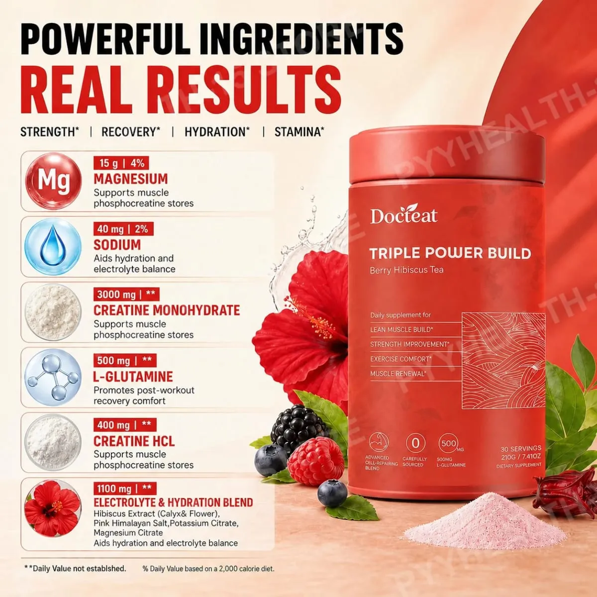 Docteat Creatine Monohydrate Powder with Creatine HCl L-Glutamine and Electrolytes for Muscle & Workout Support Berry Hibiscus
