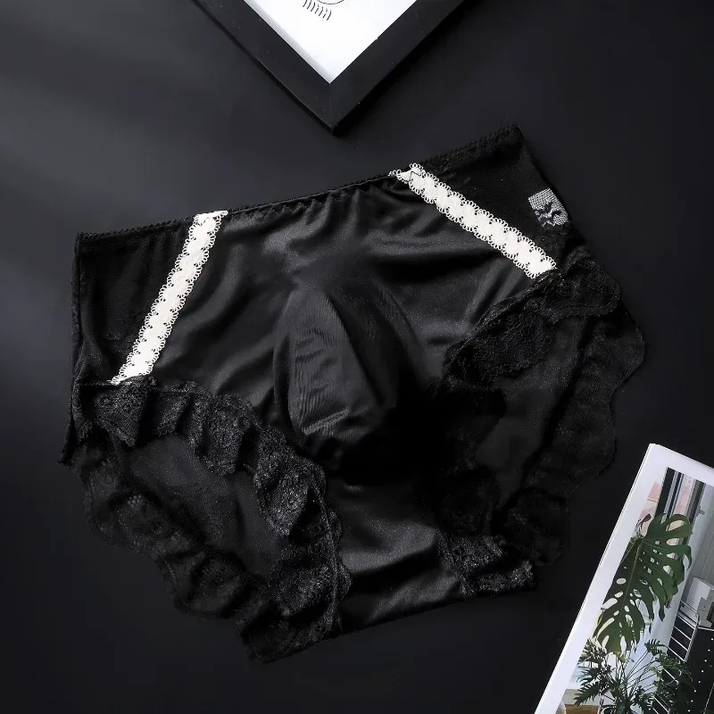Large Size Women Panties for Men Soft Lace Satin Silky Briefs Mid Rise Bulge Pouch Underpant Sweet Sissy Crossdresser Underwear