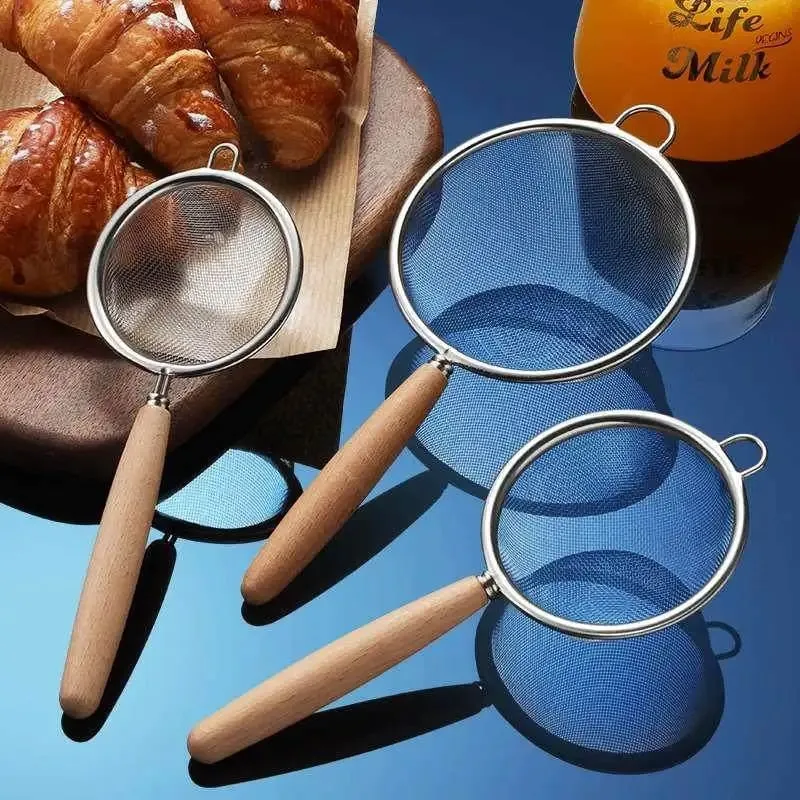 1-3pcs Wooden Handle Flour Sifter And Strainer Fine Mesh Stainless Steel for Home Baking Cooking Juice And Powder Filtering