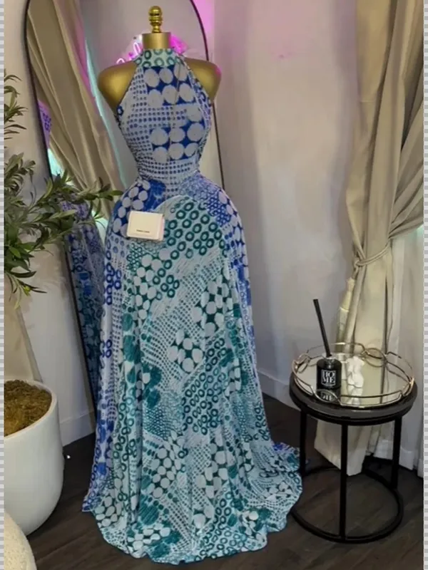 2025 Fall Women O-neck Sleeveless Print Mermaid Maxi Dress Evening Birthday Beach Sexy Night Party Long Dresses