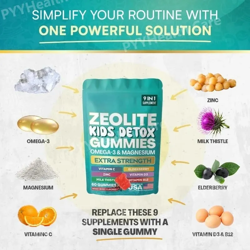 Zeolite Gummies 9-in-1 with Omega-3 Magnesium Elderberry Vitamin C Milk Thistle Vitamin D3 Zinc B12 (60 Gummies)
