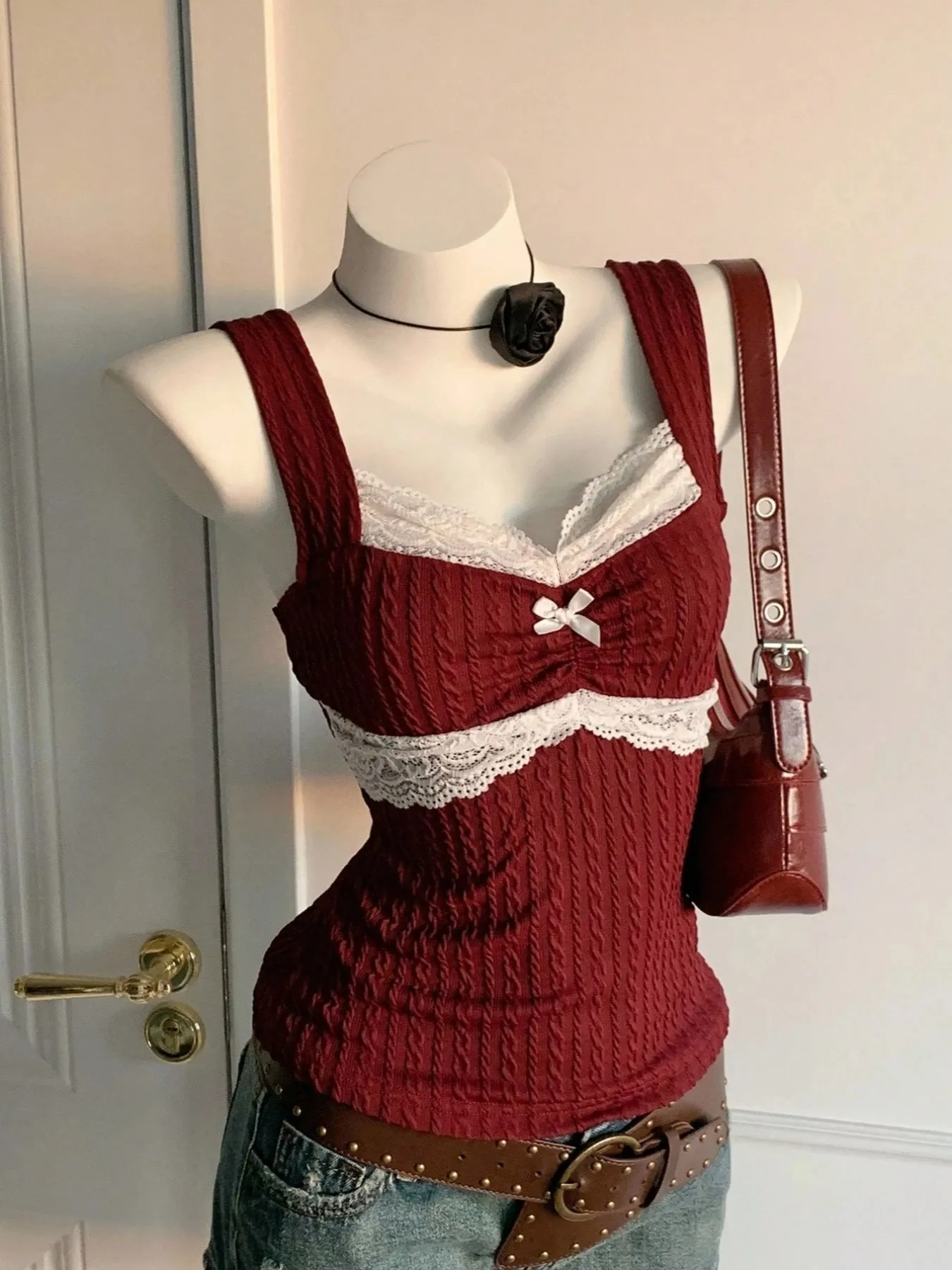 Y2K summer fashion new patchwork lace bow decoration pure desire vest versatile top for wearing outside