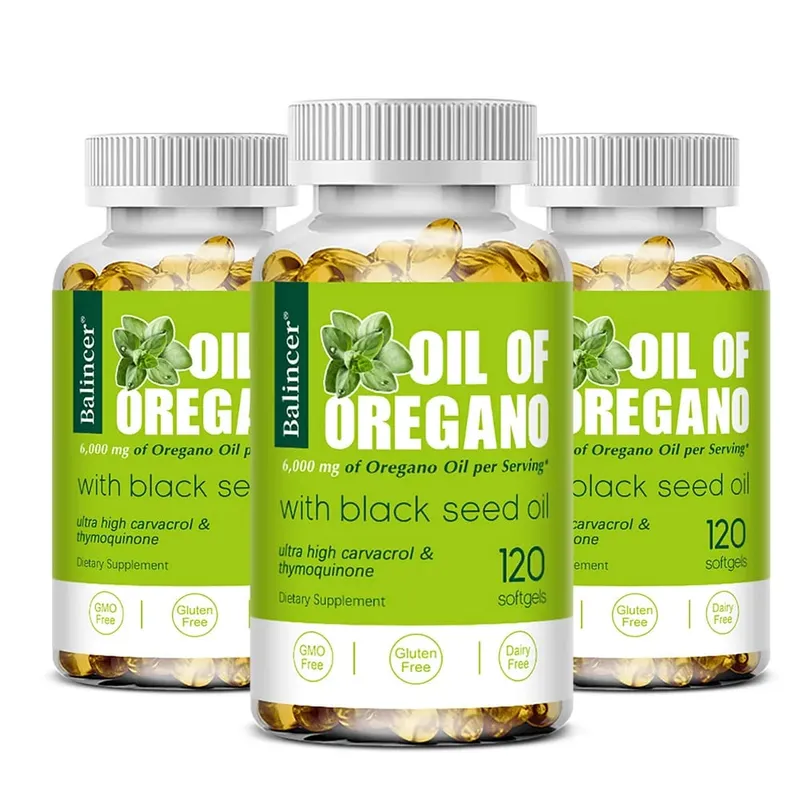 Oil of Oregano Softgels 6000mg feketemag olajjal 200mg | Nem GMO-immuntámogatás Az emésztés és a légzőrendszer egészségének elősegítése