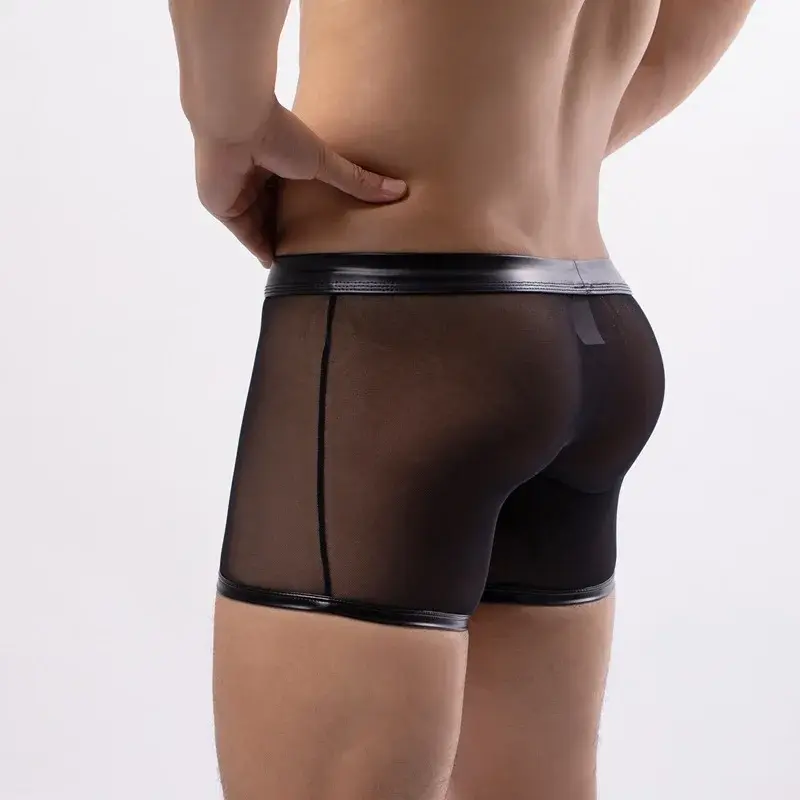 Herren Boxershorts Transparent Mesh Unterwäsche Mann Höschen Kunstleder Abnehmbare Schnalle Beutel Unterhose Cueca Calzoncillo