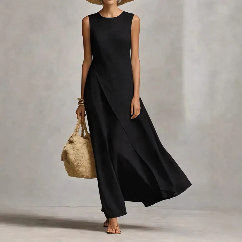 Womens New O Neck Loose Maxi Dress Casual Asymmetrical Hem Long Dresses Elegant Sleeveless Summer Beach Vacation Sundress Female