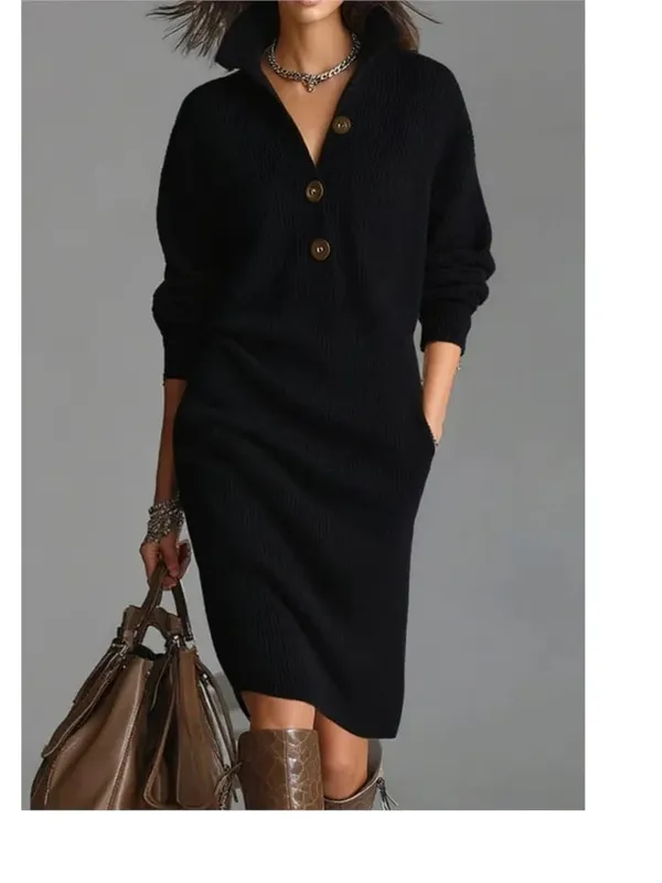 Autumn Fashion Knitted Button Lapel Women Dress Casual Loose Pocket Lazy Straight Over The Knee Long Sleeve Sweater FemaleDress
