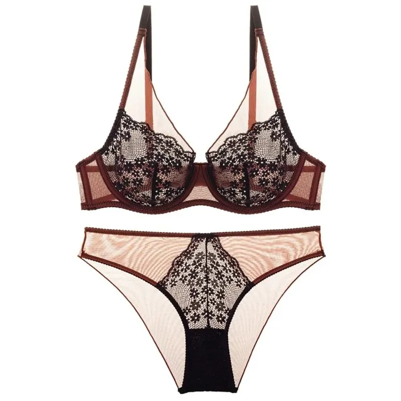 Sweet Mesh Lace Flower Bra Set Lingerie Brassiere Mesh Bra Panties Kit Thin Seamless Push Up Bra Women Lady