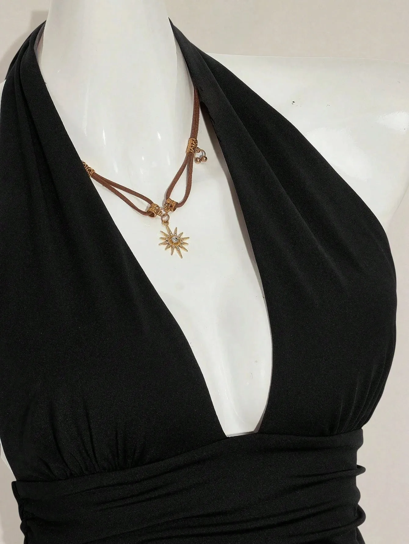 Halter Neck Tie Back Peplum Top Deep V Neck Ruched Waist Sleeveless Open Back Streetwear Party Clubwear For Women