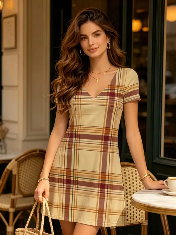 Womens V Neck Short Sleeve Fit Flare Mini Dress Breezy A Line Casual Sundress for Weekend Vacation Travel Everyday Casual Outfit