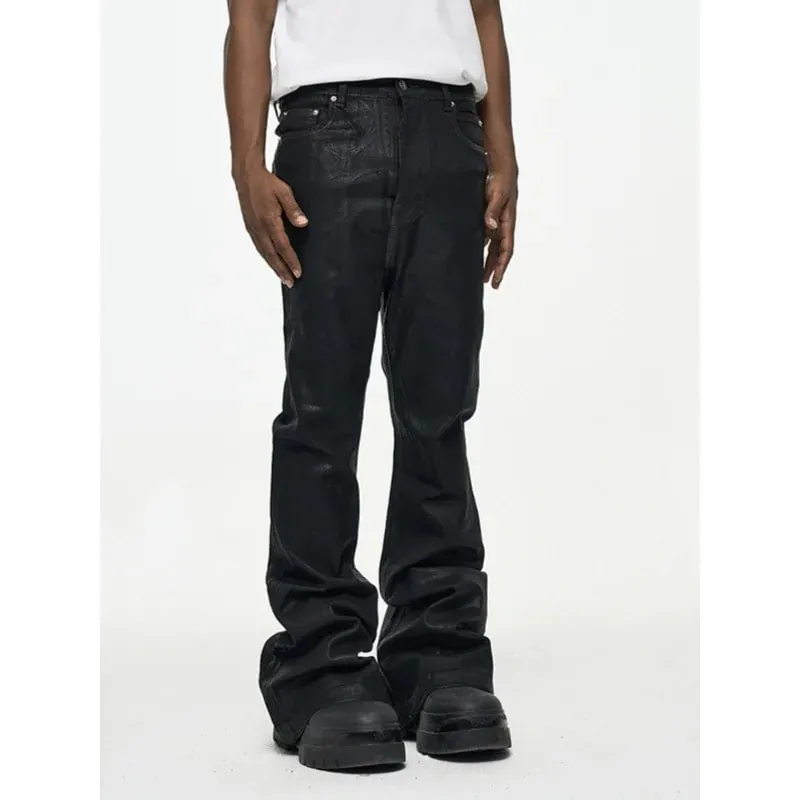 Mens High Street Vinyl Coated Black Jeans Crease Textured Wide Leg Boot Cut Slim Fit Casual Streetwear Pants