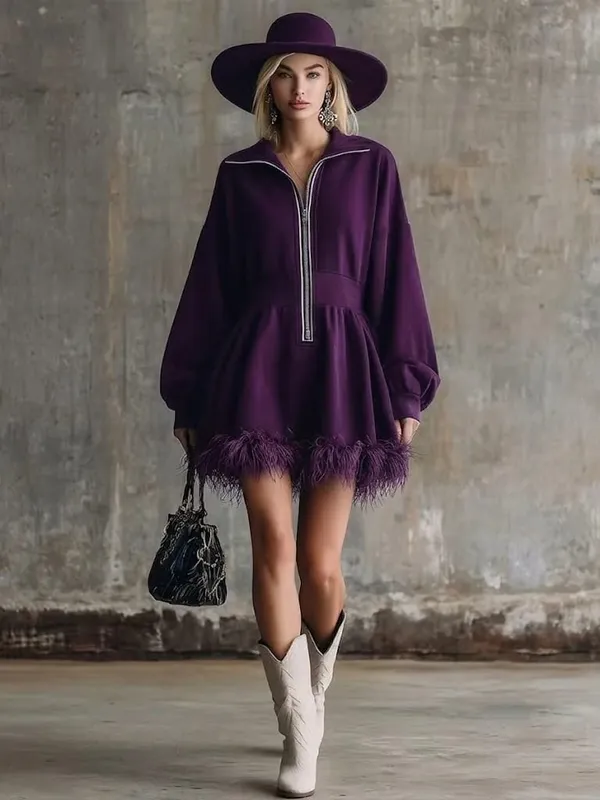 Fashion Dress Autumn Winter Casual Solid Color Simple Street Style Long Sleeved Zipper V-neck Feather Edge Cinched Waist Dresses