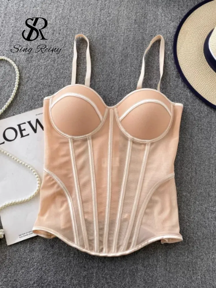 2026 Luxury Mesh Corset Camisole Women Strap Solid Lingerie Top Summer High Quality Tummy Control Sheer Party Tank Top