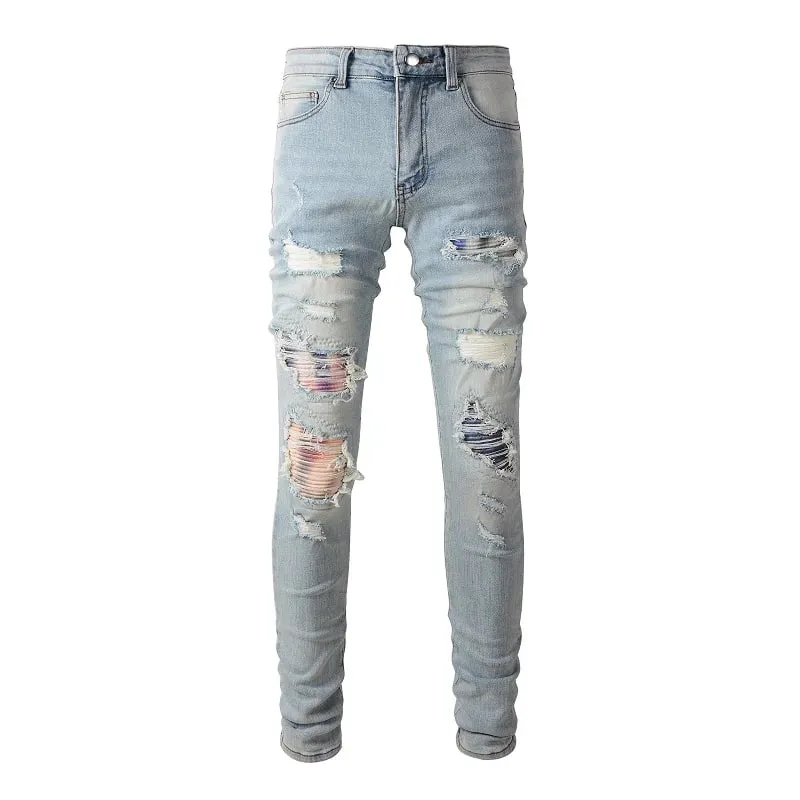 Jean en Denim extensible pour hommes, Patch craquelé, trous déchirés, pantalon Patchwork, Streetwear, bleu clair, pantalon fuselé slim — image 9