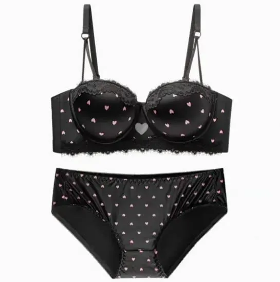 Sweet Girl Heart Lace Lingerie Set Push Up Bra For Small Bust Side Support Anti Sag Underwire Bra Briefs Soft Daily Wear 32-38AB
