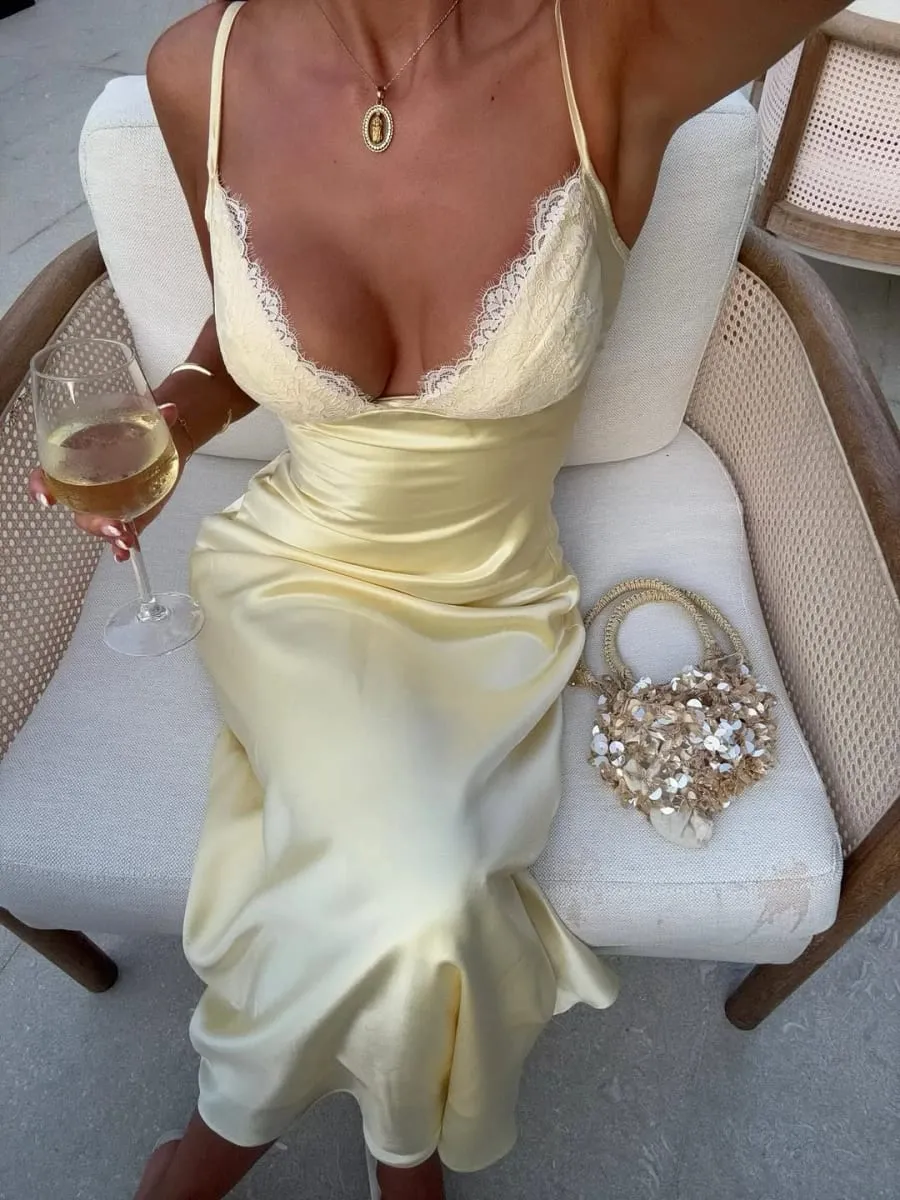 Butter Yellow Women Satin Slip Maxi Dress Elegant Spaghetti Strap A-line V Neck Waist-cinching Summer Lady Formal Evening Gown — image 3