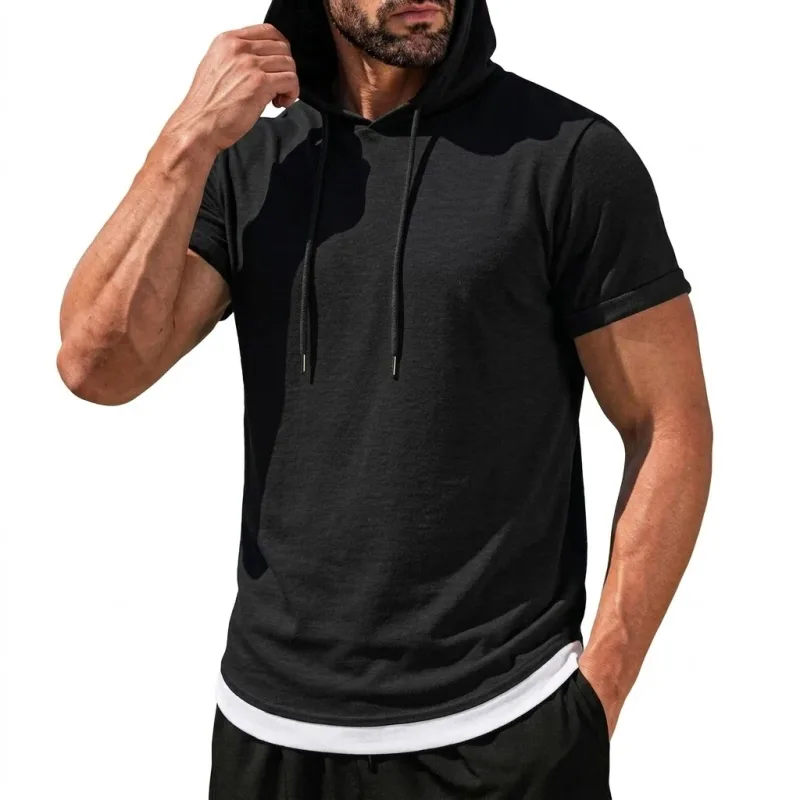Hoodie Lengan Pendek Musim Panas Kaus Tipis Kasual Pria Hoodie Pulover Ringan Kaus Sejuk Pakaian Jalanan Korea Pria Gym