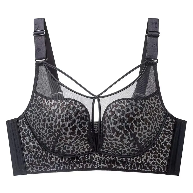 Leopard Print Plus Size Minimizer Bra Wireless Adjustable Gathered Anti-Sagging Supportive Brassiere for Large Bust Women
