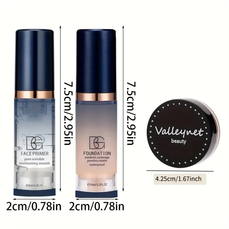3pcs/Set Velvet Face Set Foundation+Primer+Concealer Waterproof and Long lasting Matte Effect Suitable for Beginners Travel Set.