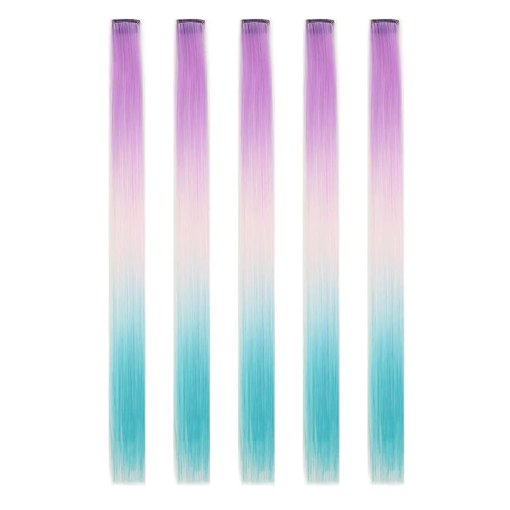 Extensions de cheveux synthétiques à clips, postiches colorées à reflets de fête pour filles, cheveux lisses multicolores de 18 pouces, 5 pièces/ensemble