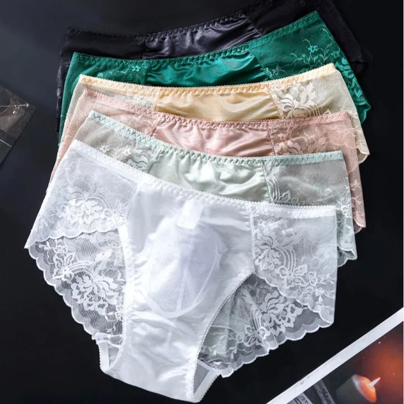 Men Sexy Lace Briefs Low Waist Floral Sheer Mesh Underwear 3D U Convex Pouch Underpants Breathable Male Lingerie
