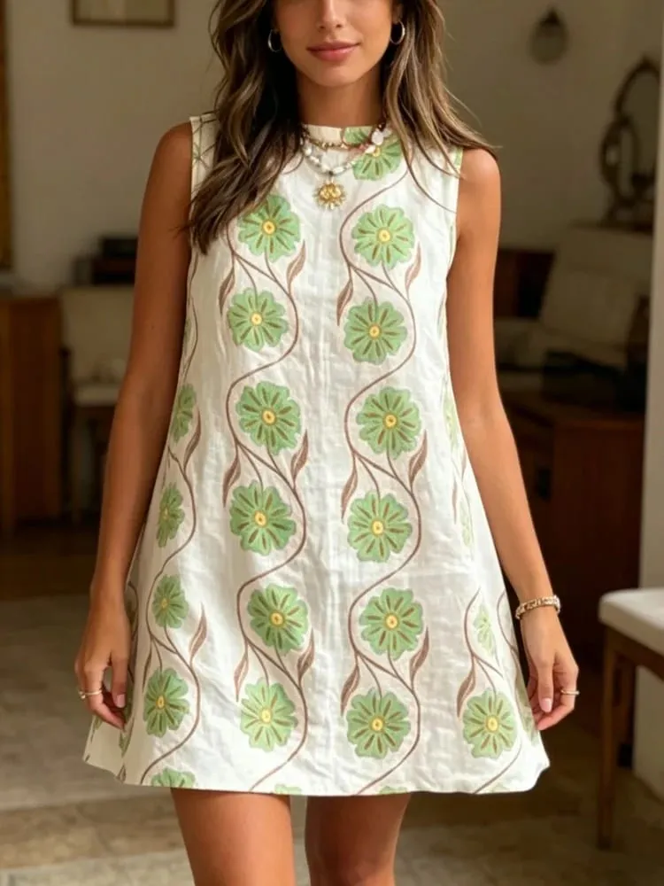 2026 Summer Women O-neck Sleeveless Print Mini Dress Fashion New Elegant Casual Loose Vacation Beach Short Dresses