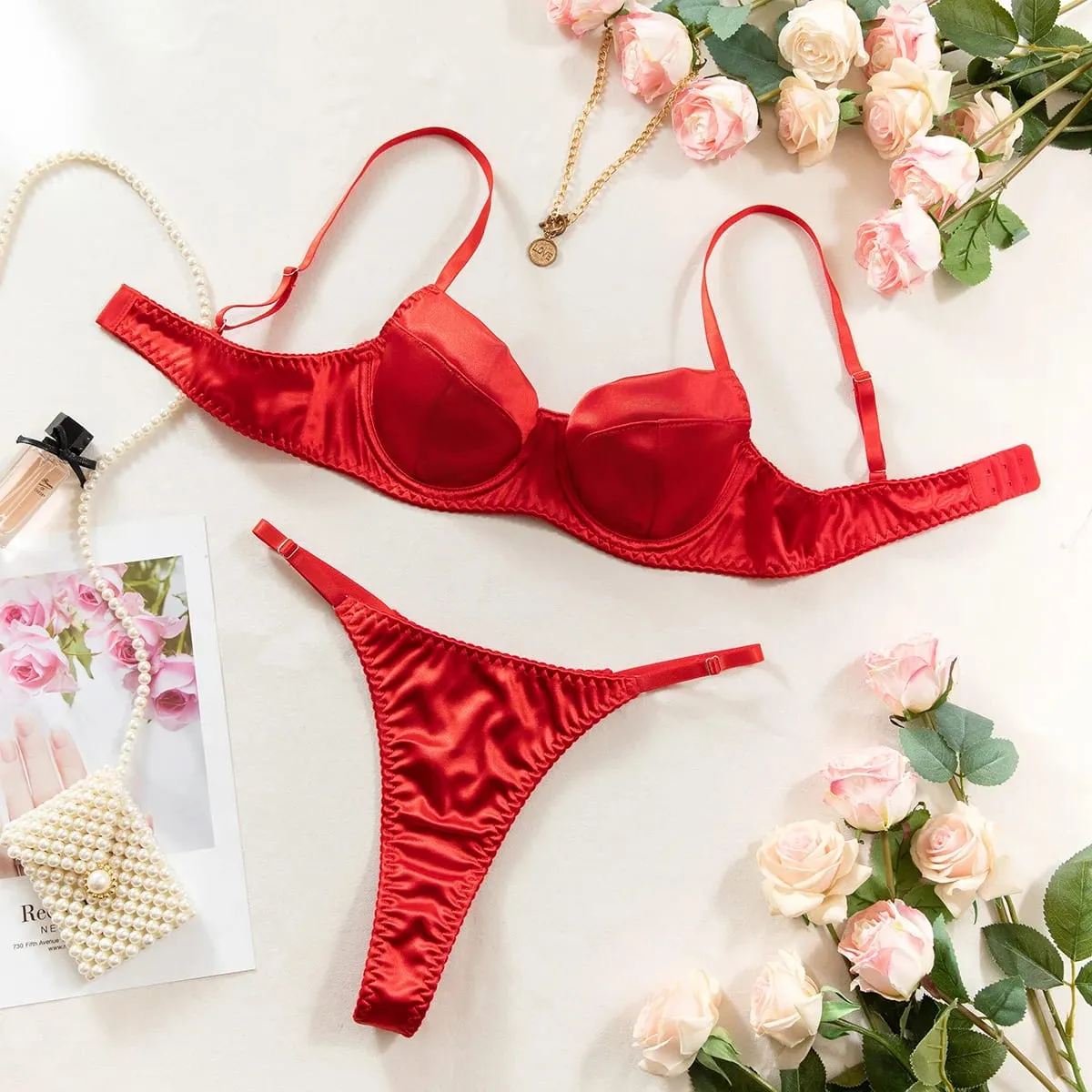 Women Underwear 2 Pcs Sexy Bra Set Underwire Push Up Satin Patchwork Bras and Thongs Suits Attractive Bilizna Intimate Set