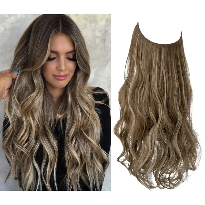 Sintético sem clipes na extensão do cabelo natural ombre preto loiro rosa uma peça onda longa fio invisível falso pedaço de cabelo