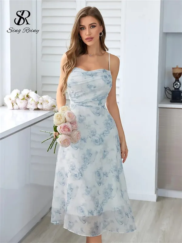 Dámské květinové šaty se špagetovými ramínky elastické, nařasené sexy duté společenské šaty bez zad Letní boho prázdninové plážové letní šaty