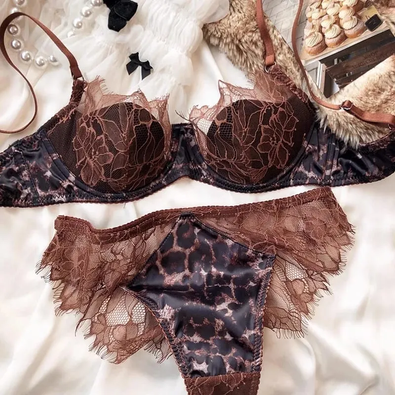 FrenchSexy Lace Leopard Satin Lingerie Suits Transparent Push Up Women Underwear W Cup Thin Cotton Female Bra Panties