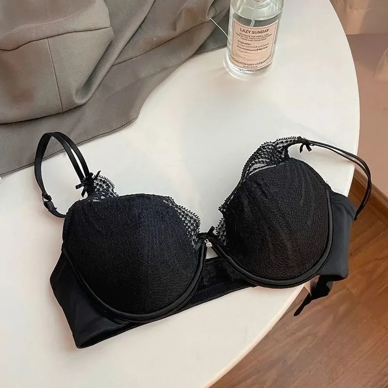 Ladies 2 Pieces Lace Underwear Suit Pure Desire Deep V Low Neck Thin Strap Soft Underwire Push Up Bra Briefs Sexy Lingerie 32‑38