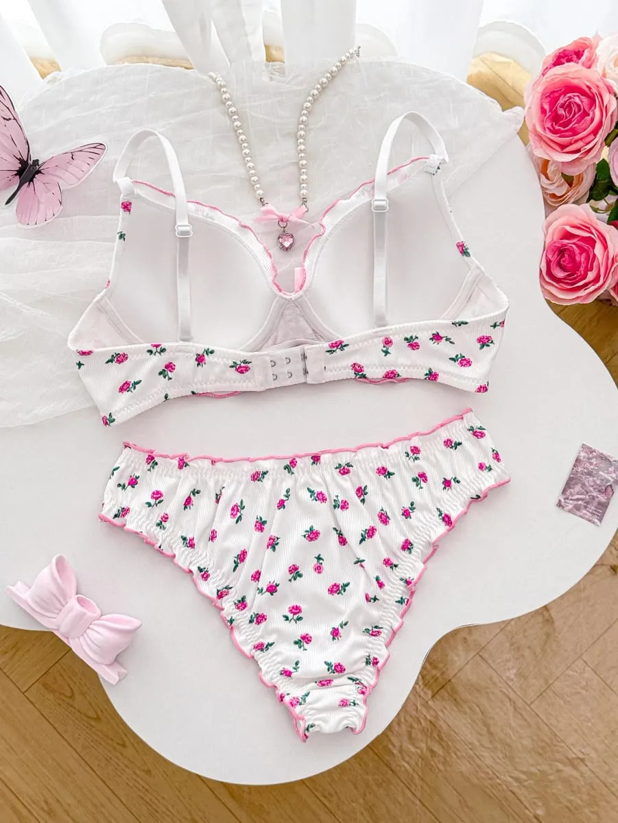 Cute Floral Pattern Women's Underwear Set Stylish Bow Ribbed Bra Soft Ladies Panties Ruffled Trim A B C D Cup Women's Bra