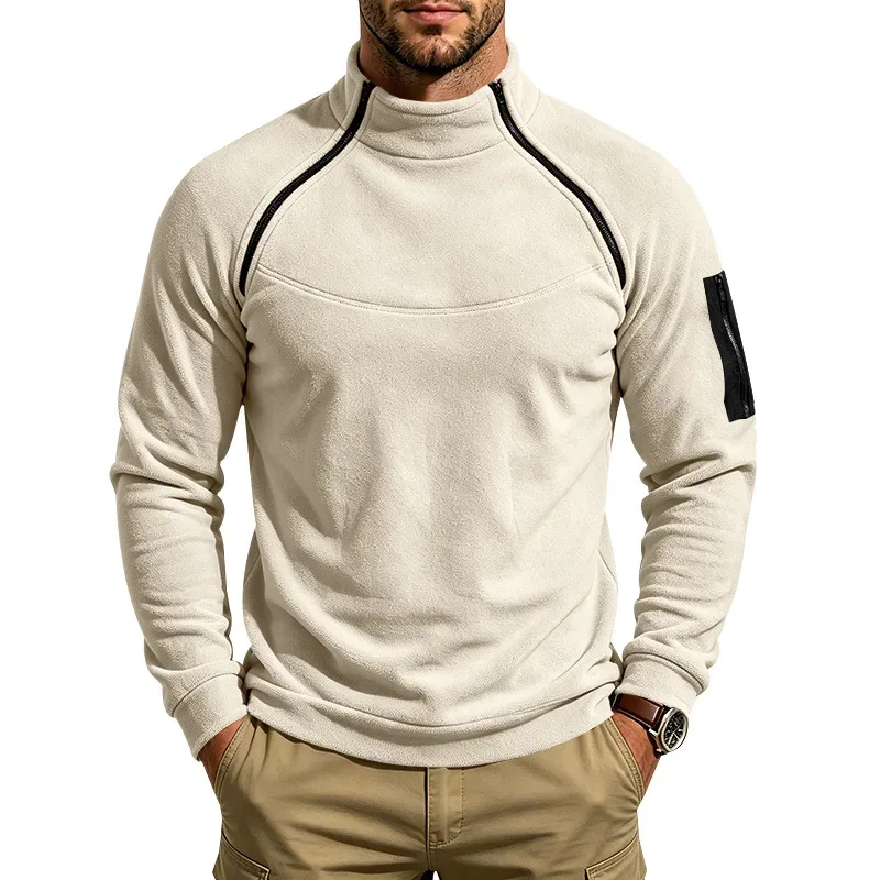 Men Fleece Stand Collar Sweatshirt Diagonal Zipper Arm Pocket Long Sleeve Loose Casual Pullover Autumn Winter Outdoor Tops