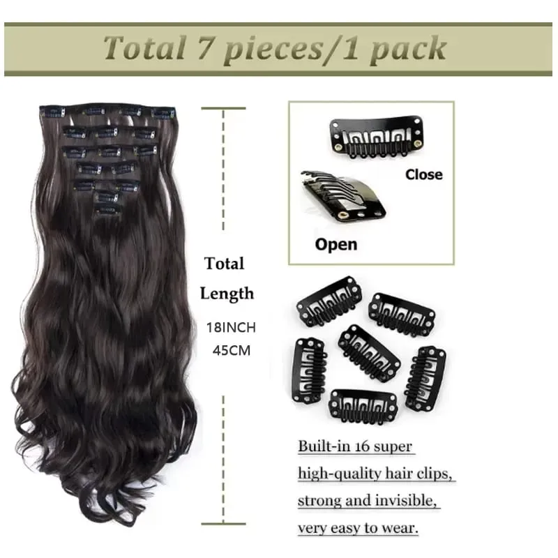 18Inch Synthetic Extension 16 Clips Blonde Hair Natural Long Wavy 7Pcs/Set Heat Resistant Fiber Hairpiece Black Brown Hairstyle