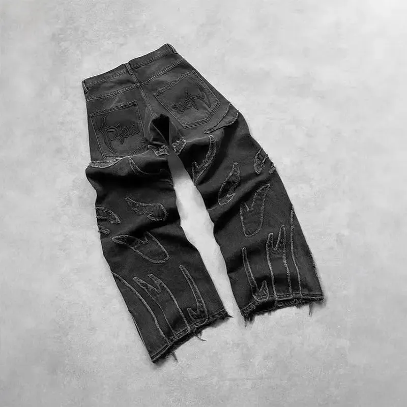 Streetwear Black Denim Wide Leg Jeans Featuring Oversized Letter Embroidery and Distressed Baggy Jeans Fit Gothic Hip Hop Pants