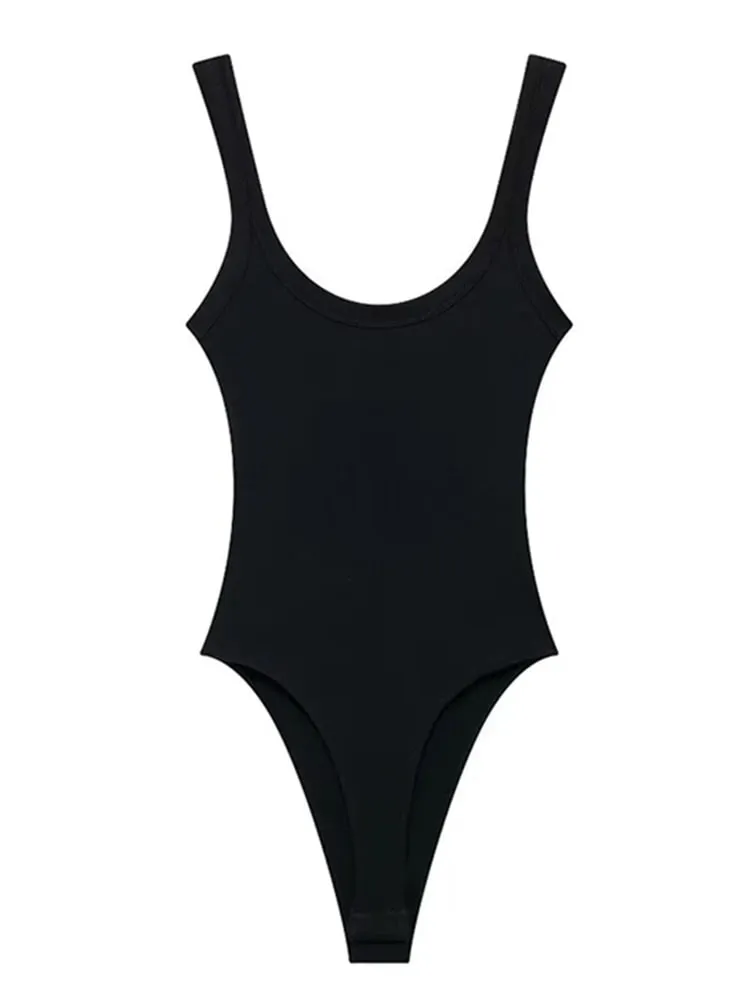 Skinny Ribbed Bodysuits for Women O Neck Straps Snap-Button Female Playsuits Sexy Fashion
