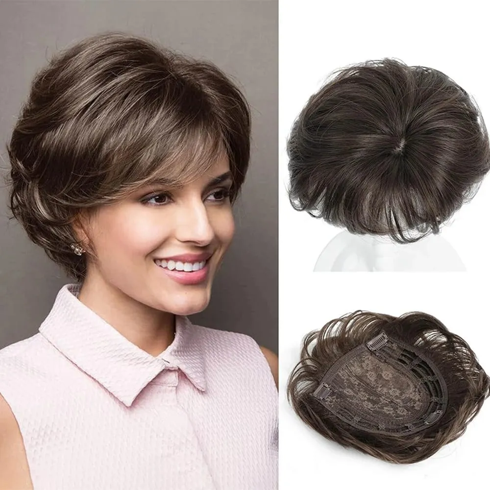 Synthetic 6inch Short Straight Topper Hairpiece Clip in Hair Extensions Natural Fluffy Head Top Hair Piece Replacement Cover