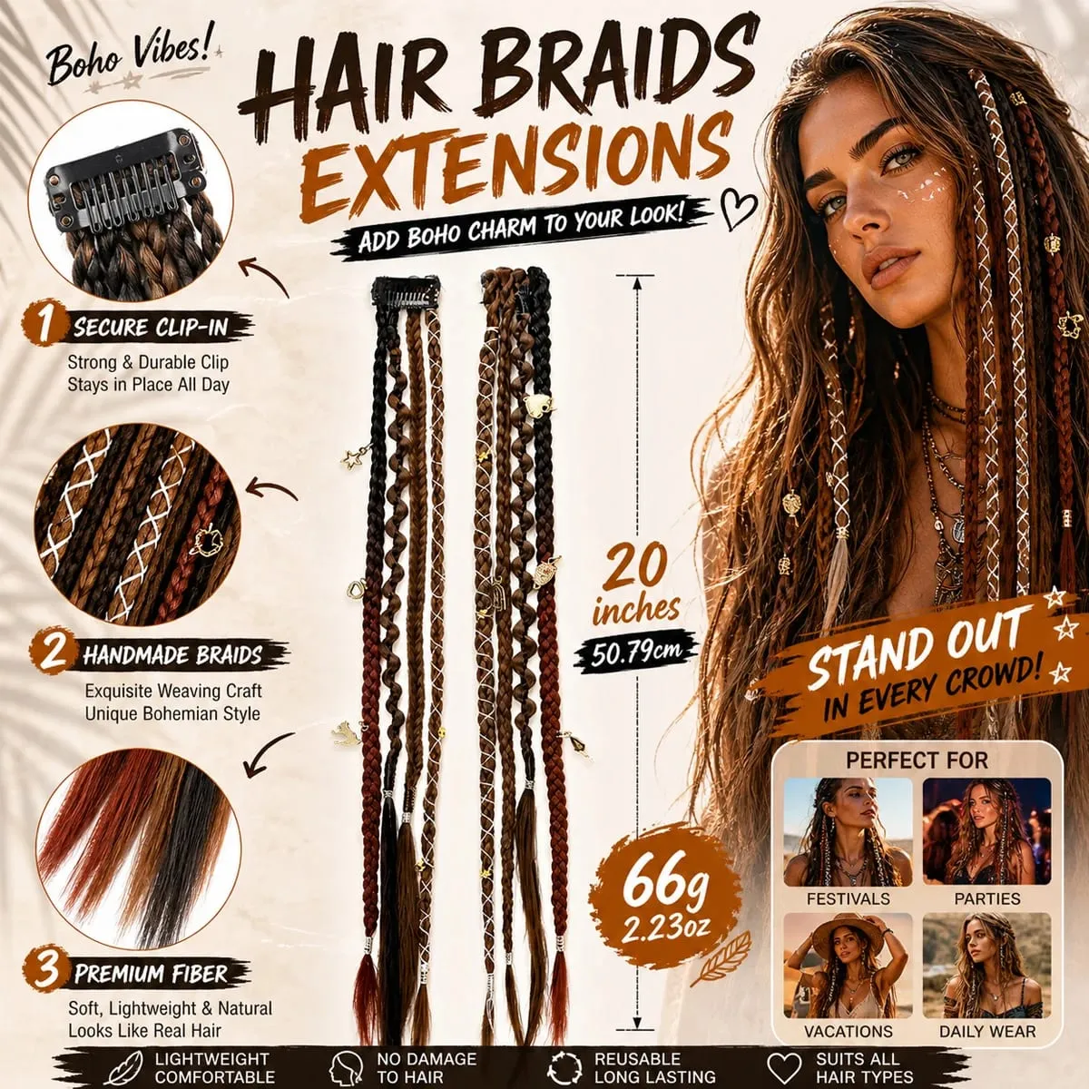 Synthetic Bohemian style clip braid hair extension wig women braided twist braid hair accessories hair extension wig
