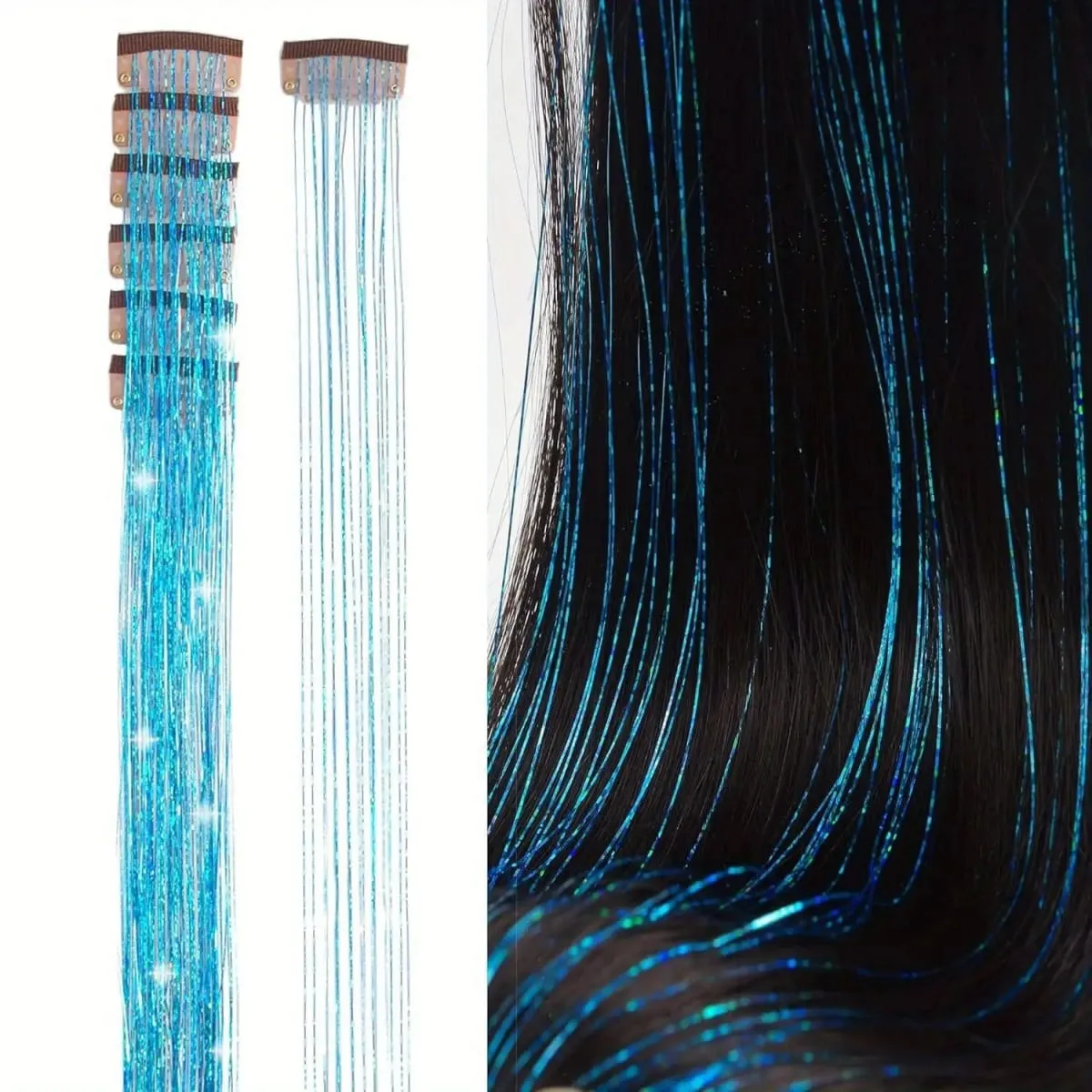 6Pcs Synthetic Hair Tinsel Clip in 19.6Inch Glitter Tinsel Hair Clip in Hair Tinsel Kit Heat Resistant Shiny Sparkle Fairy Hair
