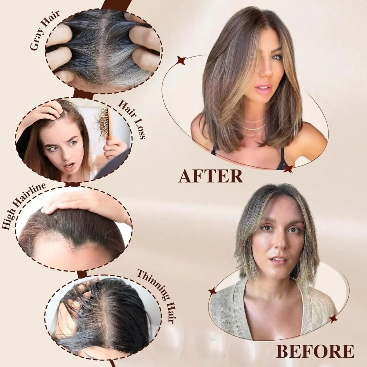14 Inches Chestnut Brown With Blonde Layered Hair Topper with Bangs for Women Synthetic Swiss Base Hair Pieces Topper with Clips