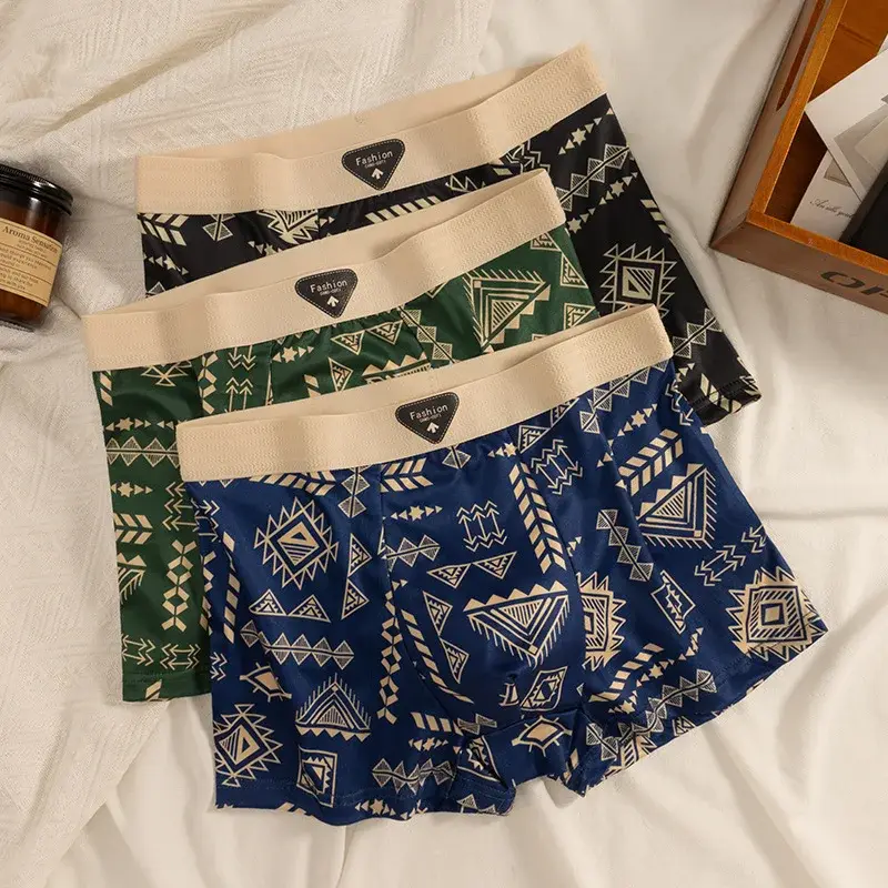 Erkek Boxer Retro Etnik Tarzı Rahat Pürüzsüz Kumaş Külot Vintage Baskı Elastik Iç Çamaşırı Erkek Iç Çamaşırı Düz ​​Külot