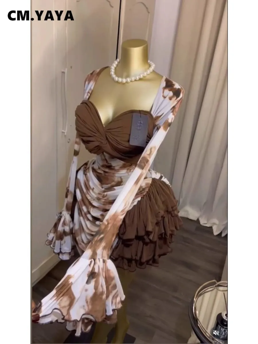CM.YAYA – robe moulante froncée drapée à volants en cascade pour femmes, imprimé Tie Dye, manches longues, col en v, robes de vacances à la plage