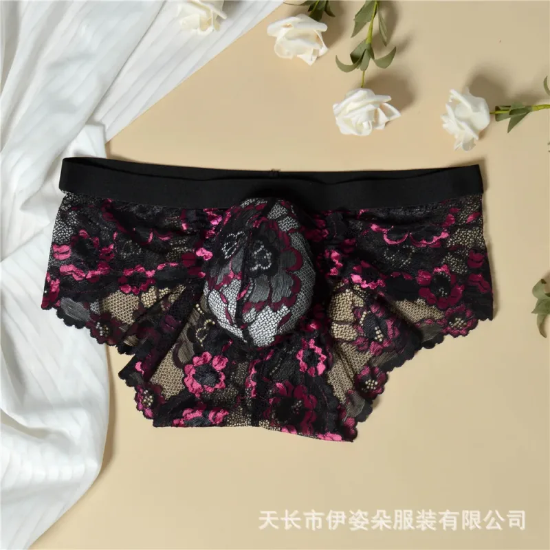 Biancheria intima sexy in pizzo Liscio Mutandine da uomo a sacchetto Prospettiva Slip da uomo floreali sottili Tentazione Mutande traspiranti a vita bassa in rete
