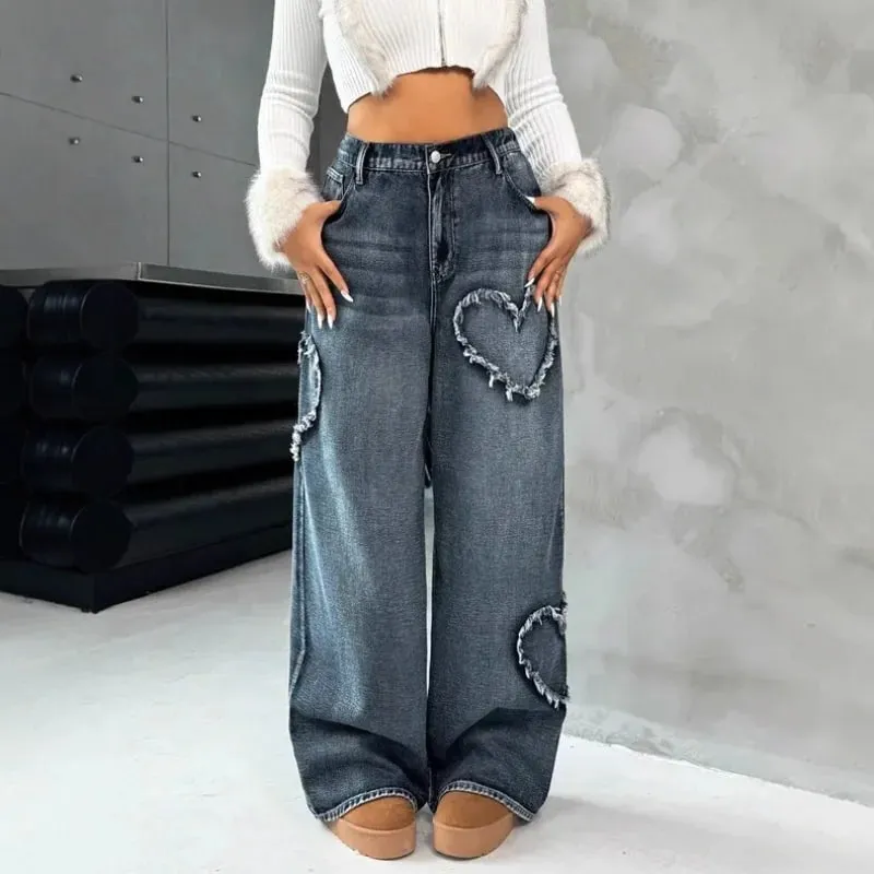 Amerikanische Retro Jeans mit ausgefransten Kanten und Patchwork, stark gewaschen, Unisex, Streetwear, locker, gerade, weit geschnittene Hose 21095