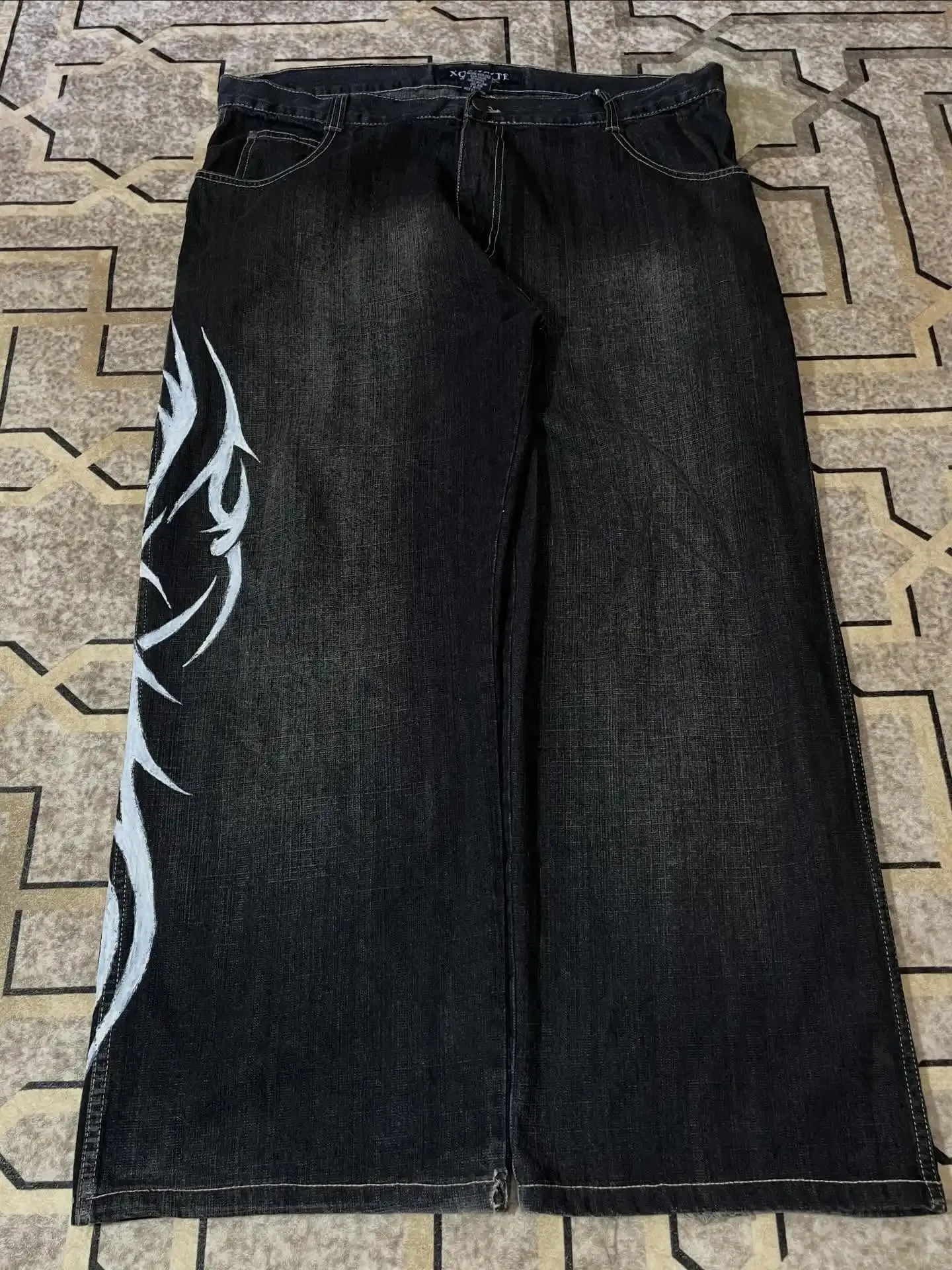 Y2k Dark Wash Baggy Jeans Men Shark Mouth Pocket Print White Tribal Flame Side Graphic Harajuku Wide Leg Hip Hop Denim Trousers