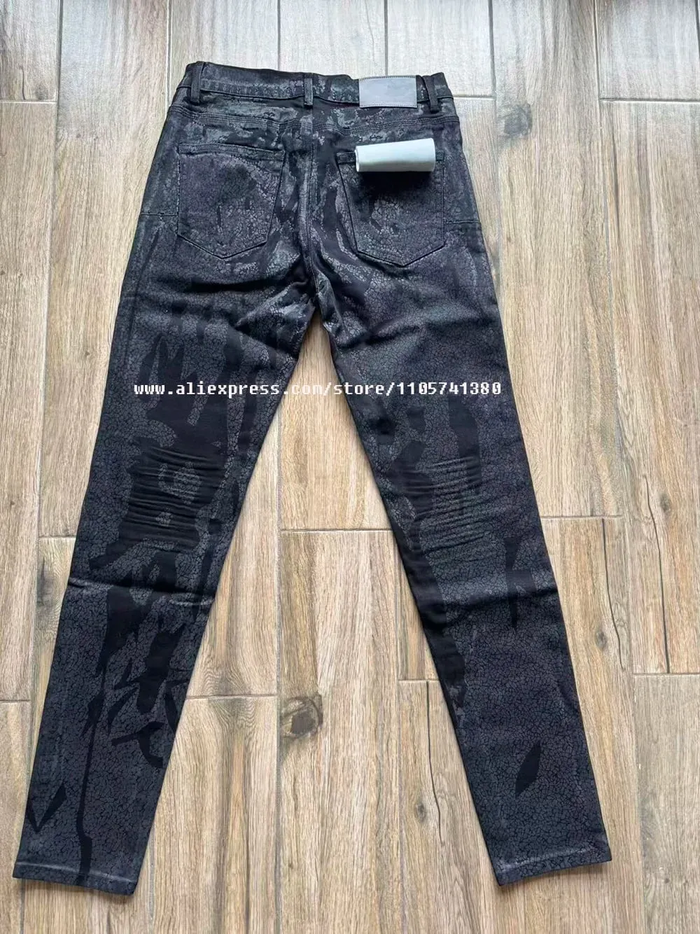 Men's High Street American Fashion Distressed Black Crackle Paint Foil Stretch Skinny Button Fly Ripped Jeans Pants