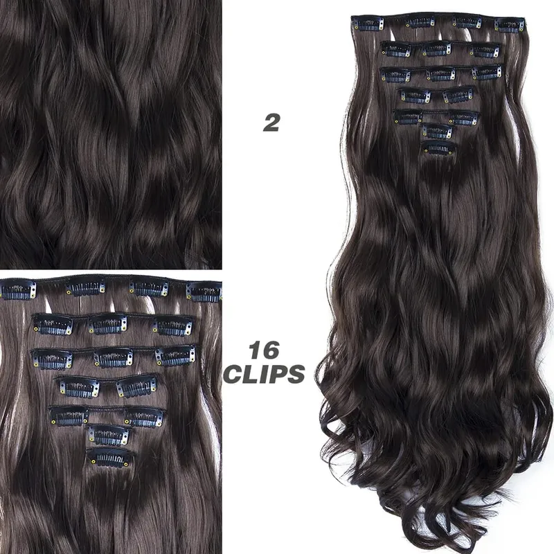 Synthetic 7Pcs/Set 22" Wavy Hairpiece Straight 16 Clips Hair Extensions Heat Resistant Styling False Hair