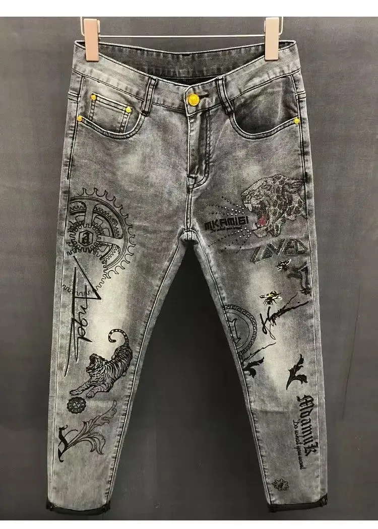 High-end Hot Diamond Jeans Men's Spring and Autumn Tide Brand Slim-fitting Small Feet Tiger Print Gray Casual Men Trousers Man