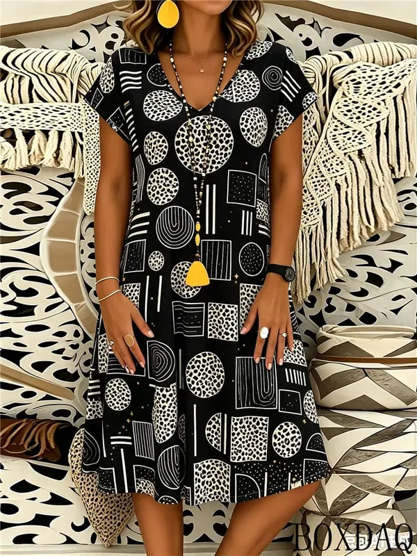 2026 Summer Fashion Geometric Pattern Printed Women's Dress Short Sleeve V-neck Casual Dresses
